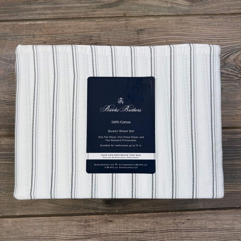 Brooks Brothers Queen Sheet Set White Grey Striped‎ 100% Cotton 4pc New